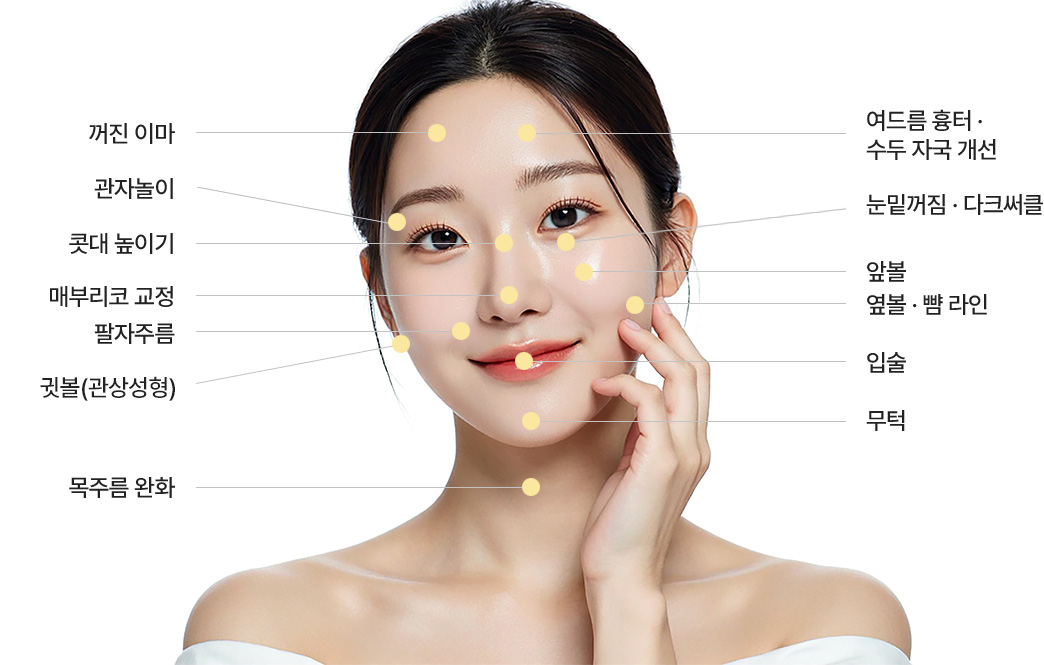 꺼진 이마, 관자놀이, 콧대 높이기, 매부리코 교정, 팔자주름, 귓볼(관상성형), 목주름 완화, 여드름 흉터 · 수두 자국 개선, 눈밑꺼짐·다크써클, 앞볼, 옆볼 · 뺨 라인, 입술, 무턱